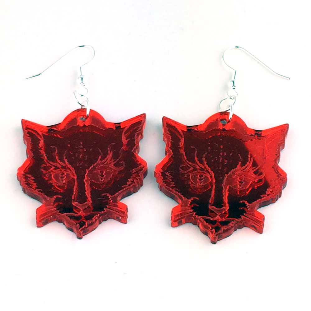 Cats of Ulthar red mirrored acrylic earrings