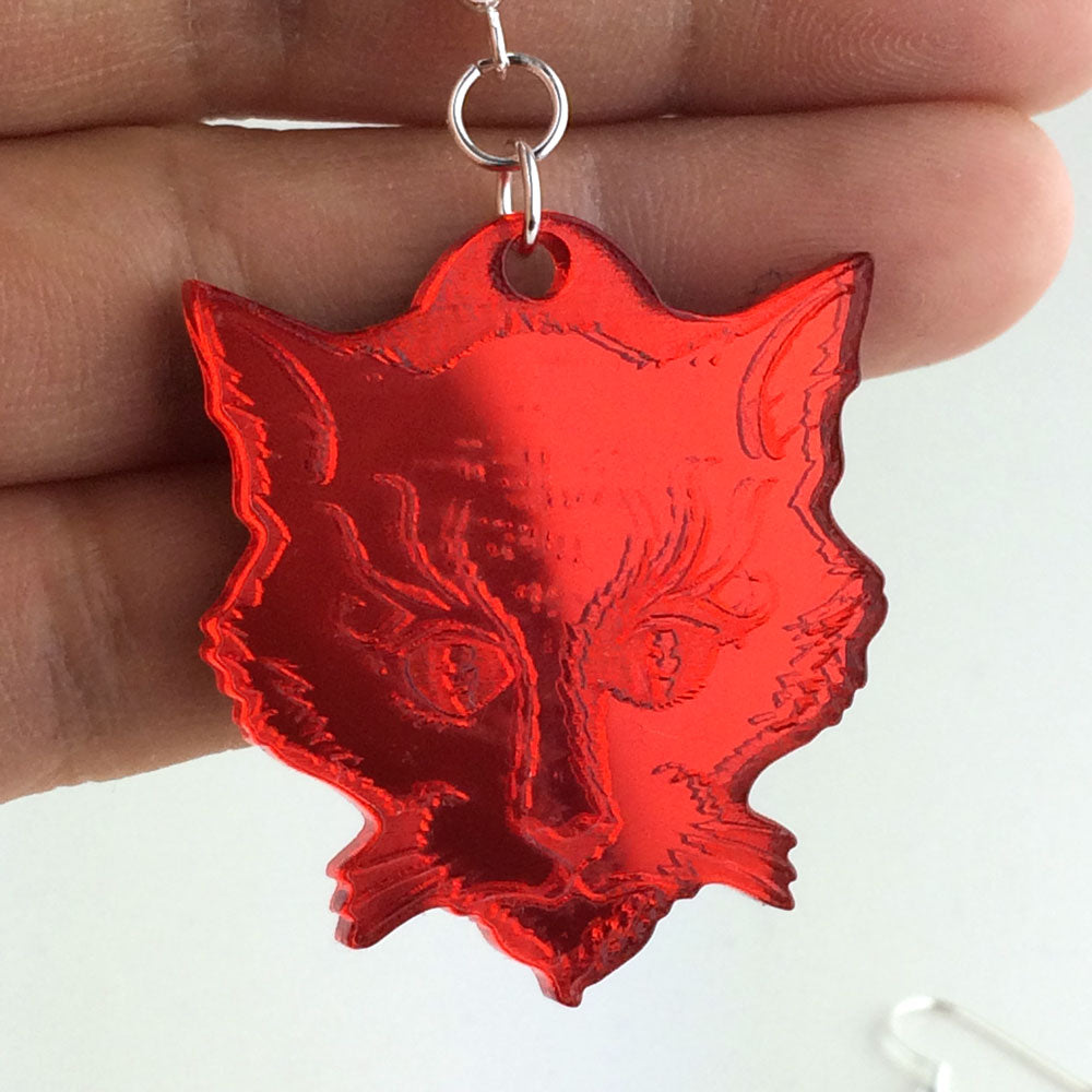Cats of Ulthar red mirrored acrylic earrings