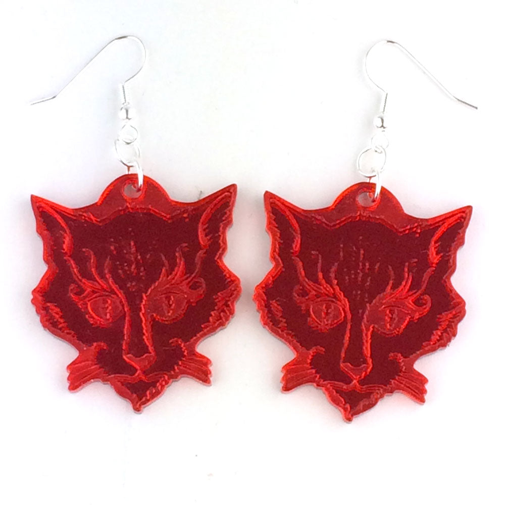Cats of Ulthar red mirrored acrylic earrings
