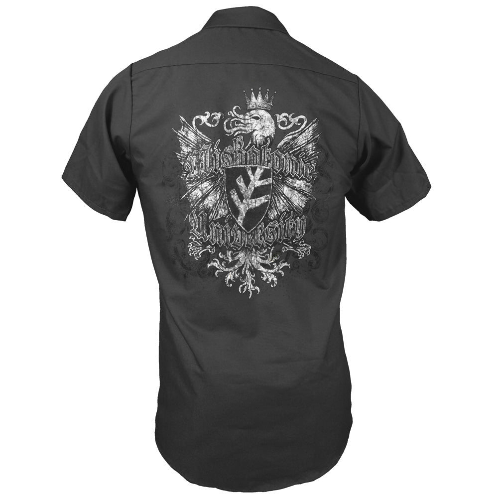 Miskatonic Shield charcoal gray work shirt