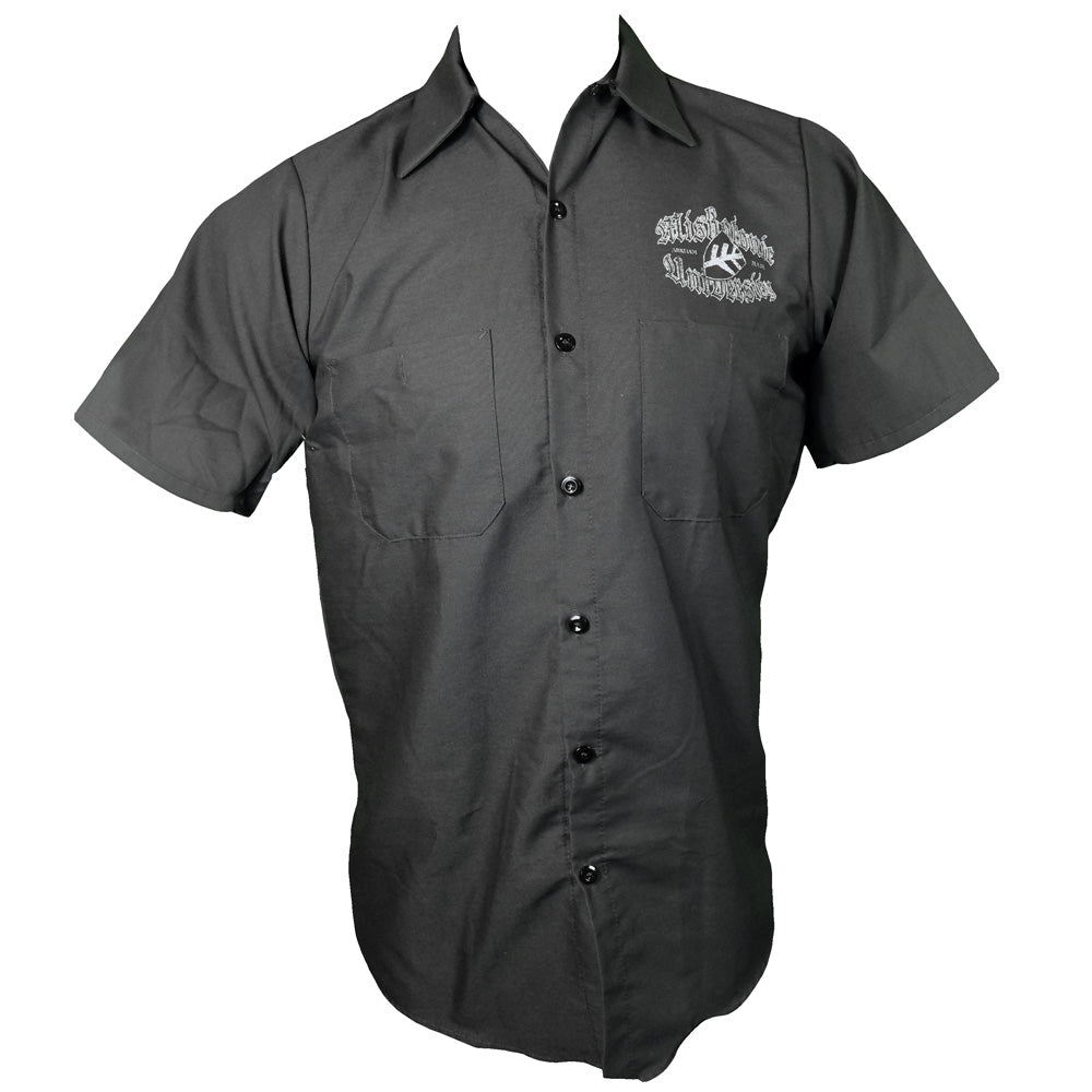 Miskatonic Shield charcoal gray work shirt