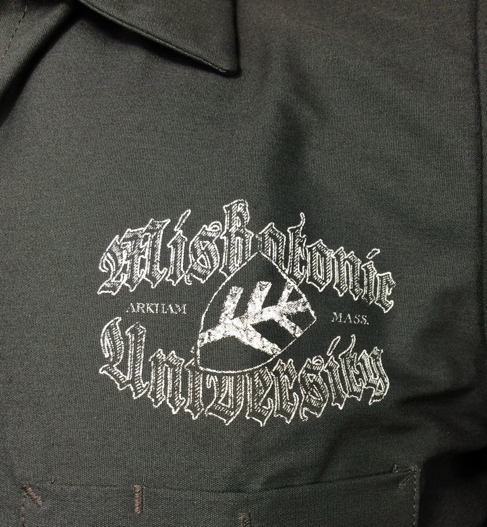 Miskatonic Shield charcoal gray work shirt