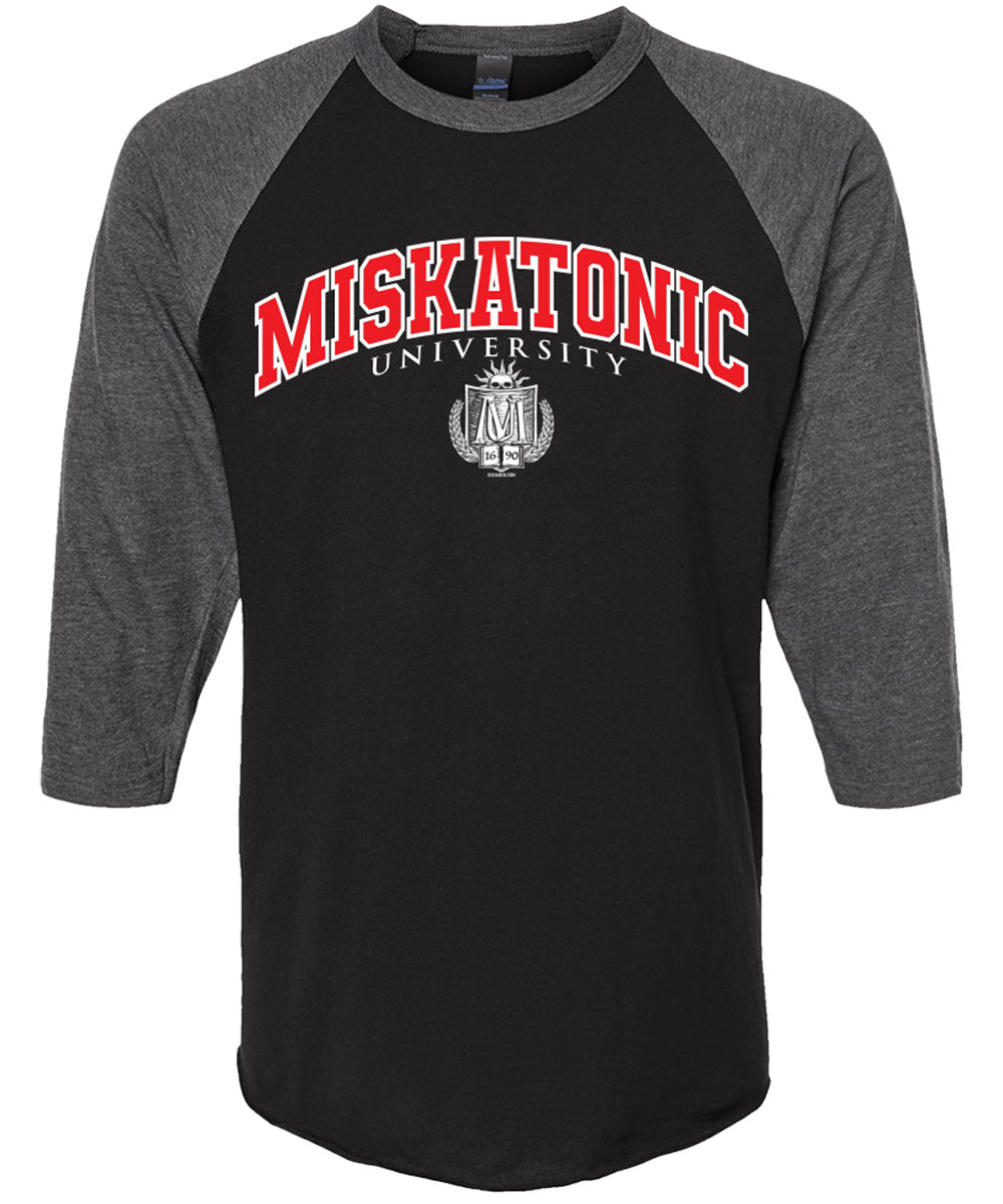 Miskatonic University Seal 3/4 sleeve vintage style raglan tee (charcoal/black)
